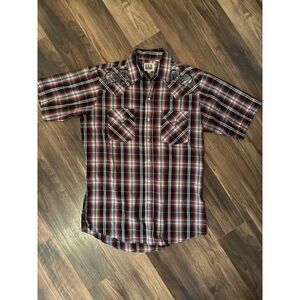 Ely Cattleman Plaid Pearl Snap‎ Button Up Shirt Short Sleeve M Medium Vintage
